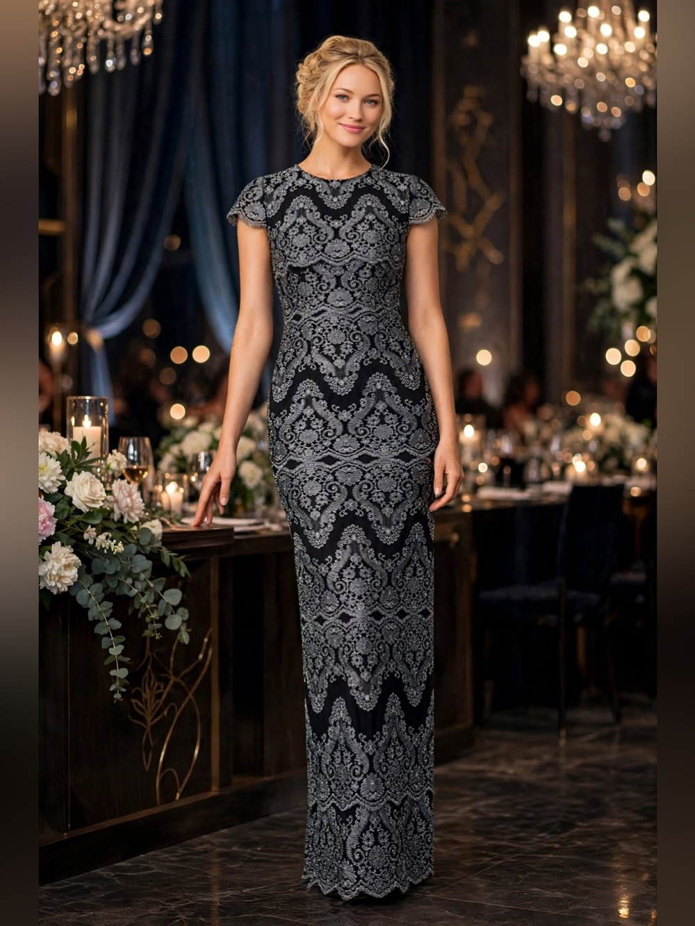 CATHERINE DEANE Metallic Godiva Gown
Elegant Black and Silver Lace size US 4.